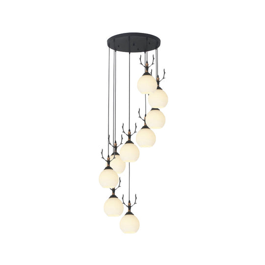 Spiral Milky Glass Multi Pendant Simple Hanging Ceiling Light in Black for Stairs