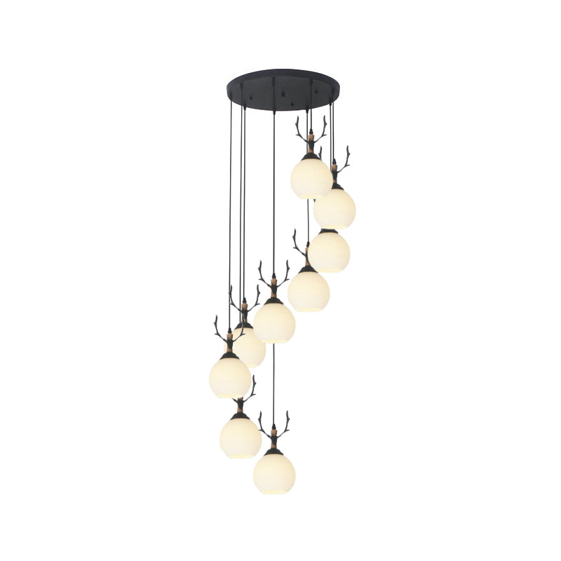 Black Milky Glass Spiral Multi Pendant Ceiling Light For Stairs