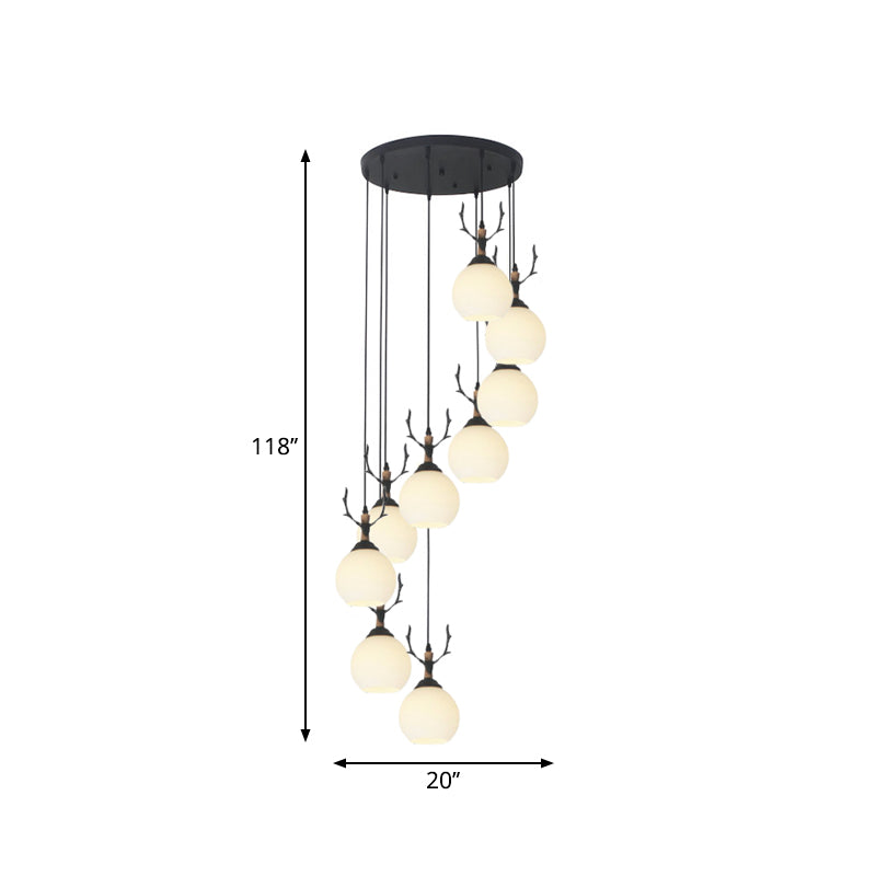 Spiral Milky Glass Multi Pendant Simple Hanging Ceiling Light in Black for Stairs