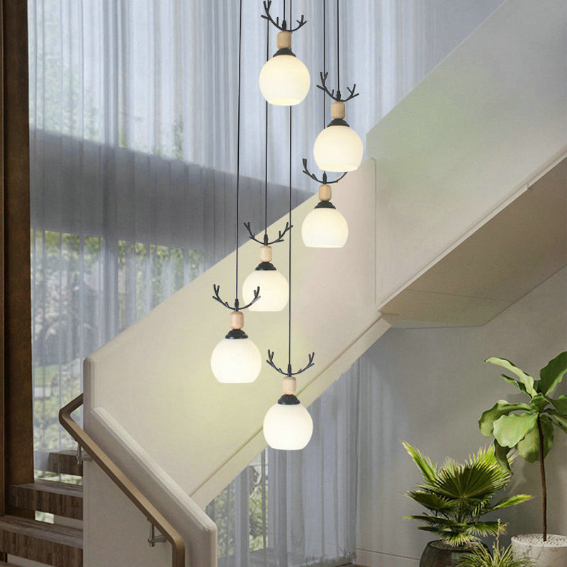 Spiral Milky Glass Multi Pendant Simple Hanging Ceiling Light in Black for Stairs