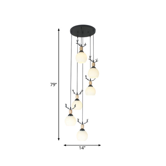 Spiral Milky Glass Multi Pendant Simple Hanging Ceiling Light in Black for Stairs