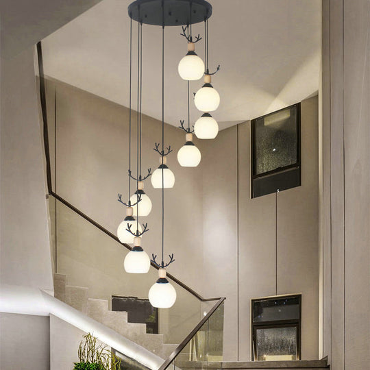 Spiral Milky Glass Multi Pendant Simple Hanging Ceiling Light in Black for Stairs