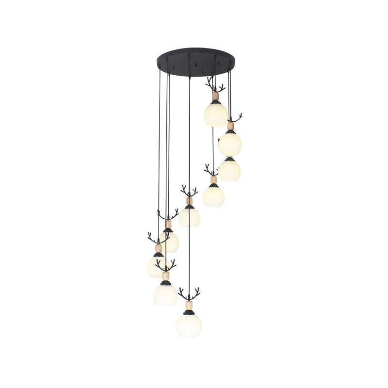 Spiral Milky Glass Multi Pendant Simple Hanging Ceiling Light in Black for Stairs