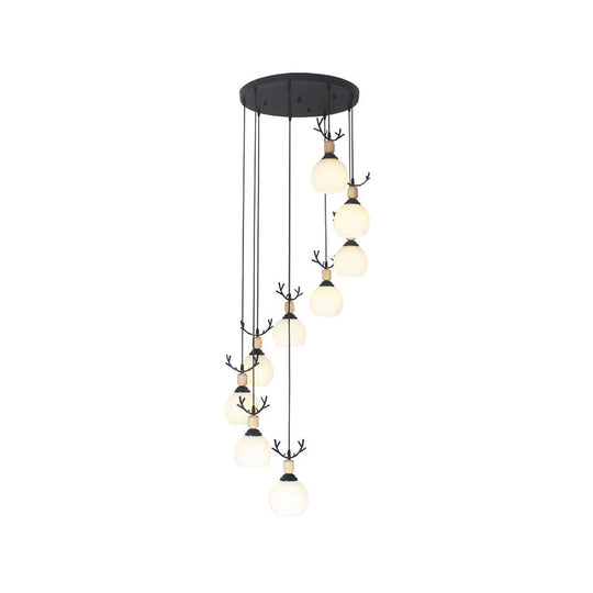 Spiral Milky Glass Multi Pendant Simple Hanging Ceiling Light in Black for Stairs