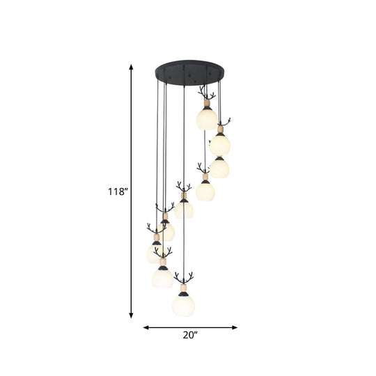 Black Milky Glass Spiral Multi Pendant Ceiling Light For Stairs