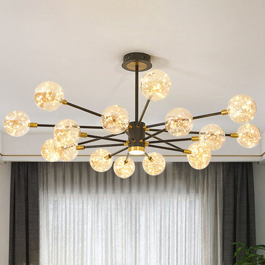 Modern Metal Led Chandelier With Orb Glass Shade For Living Room - Starburst Hanging Ceiling Light