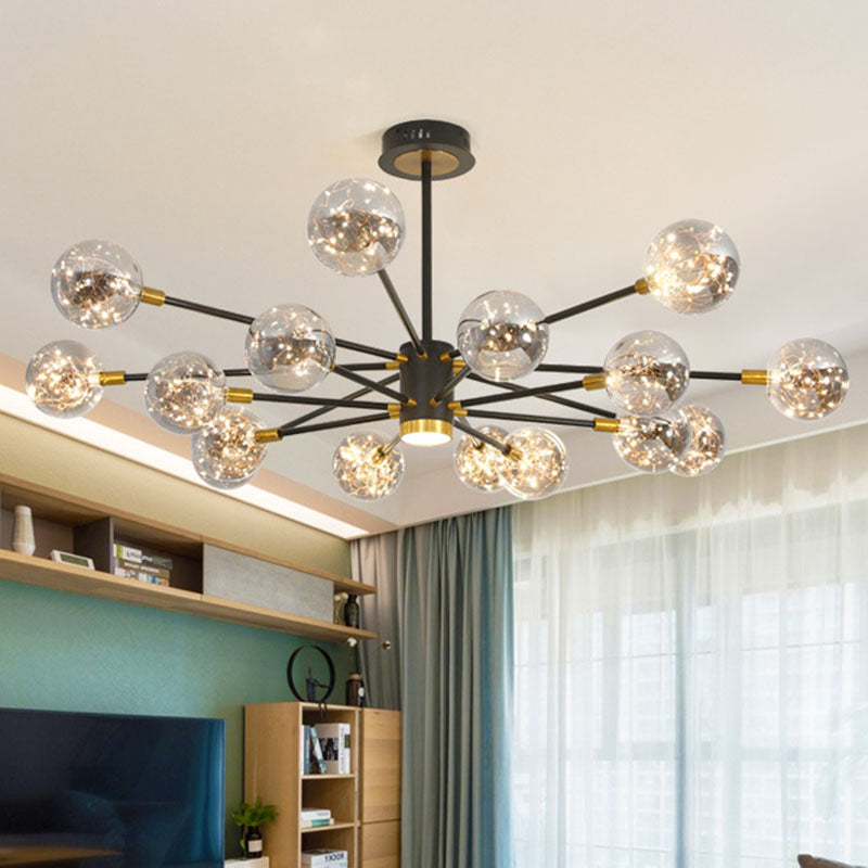 Modern Metal Led Chandelier With Orb Glass Shade For Living Room - Starburst Hanging Ceiling Light