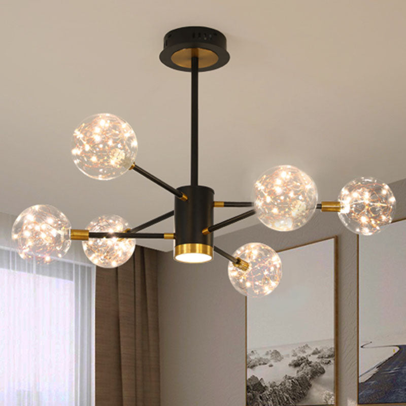 Modern LED Chandelier with Orb Glass Shade - Starburst Hanging Ceiling Light for Living Room