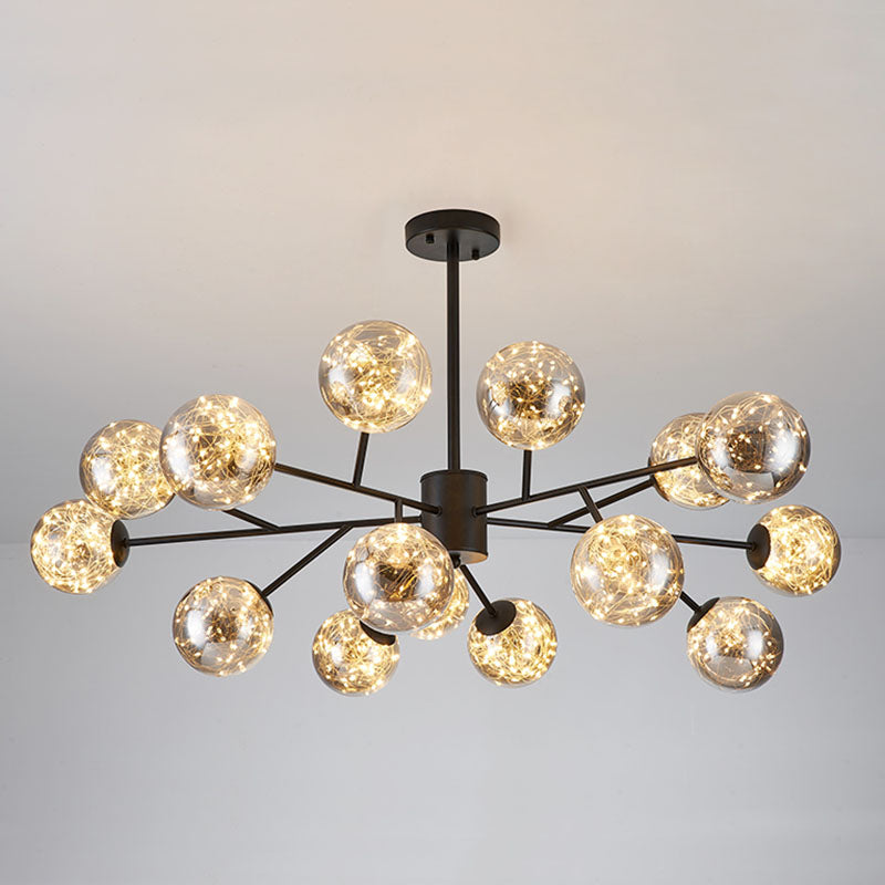 Stylish Minimalist Ball Chandelier - Starry LED Lighting, Cognac Glass, Bedroom Pendant