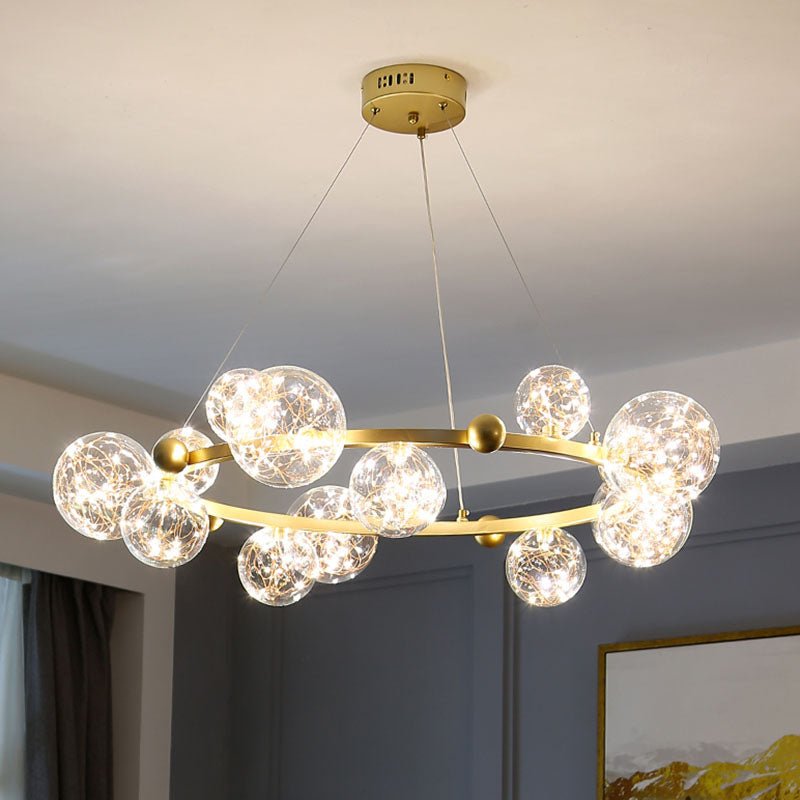 Simple Led Starry Globe Pendant Lamp With Clear Glass Shade - Ring Metal Chandelier