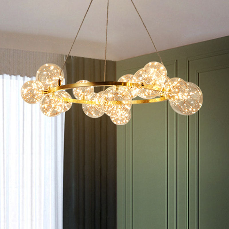 Minimal Living Room LED Chandelier - Gold Pendant Lighting with Clear Glass Orb Shade