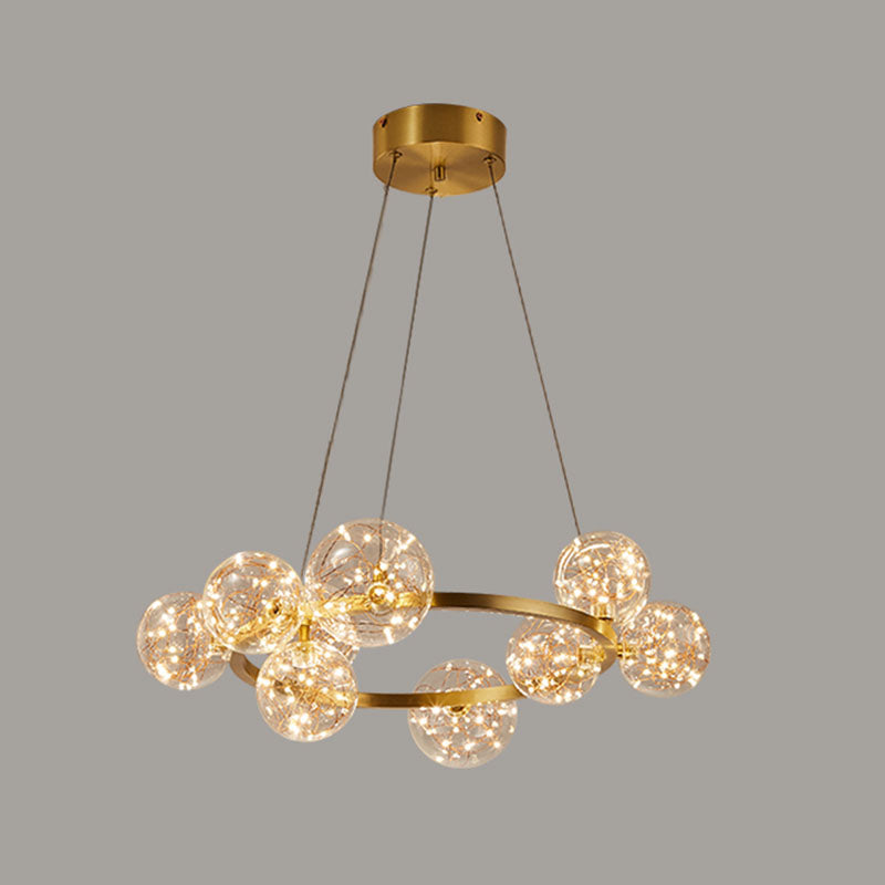 Minimal Living Room LED Chandelier - Gold Pendant Lighting with Clear Glass Orb Shade