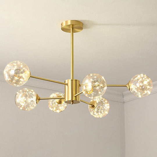 Modern Metal Led Chandelier With Clear Glass Orb Shade And Starry Drops 6 / Gold Natural