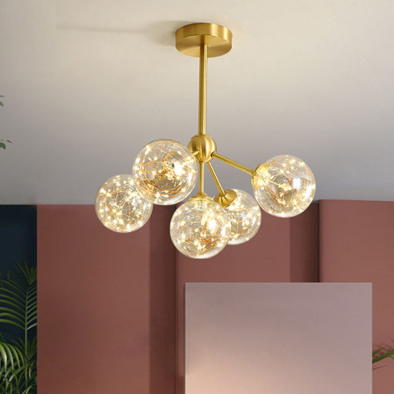 LED Starry Pendant Chandelier: Simple Brass Sphere Design with Glass Shade