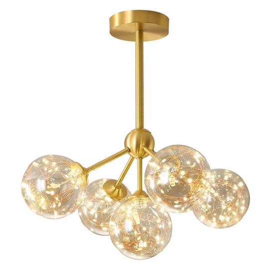 LED Starry Pendant Chandelier: Simple Brass Sphere Design with Glass Shade