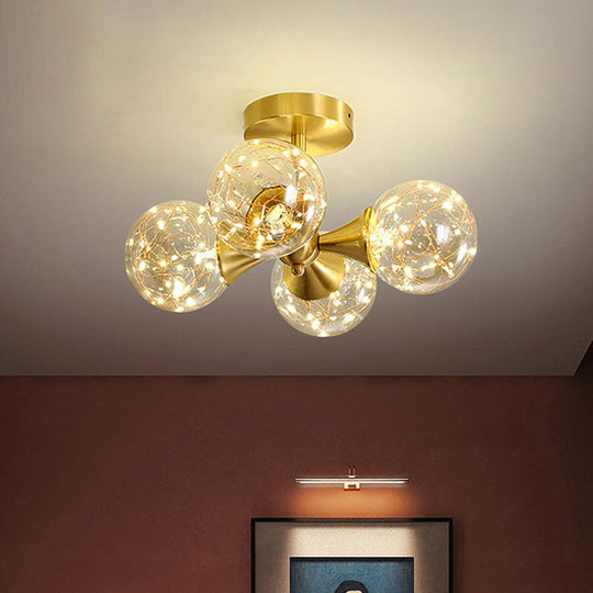 LED Starry Pendant Chandelier: Simple Brass Sphere Design with Glass Shade