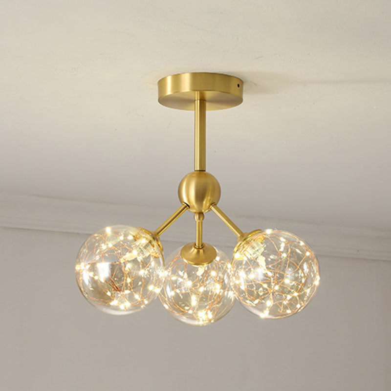 Stylish Led Pendant Chandelier Brass Sphere With Starry Glass Shade 3 / Cognac