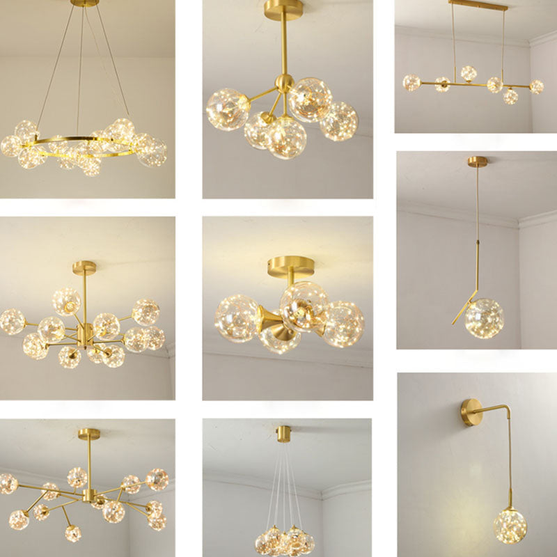 Minimalist Metal LED Chandelier in Gold with Starburst Pendulum Design and Bubble Shade