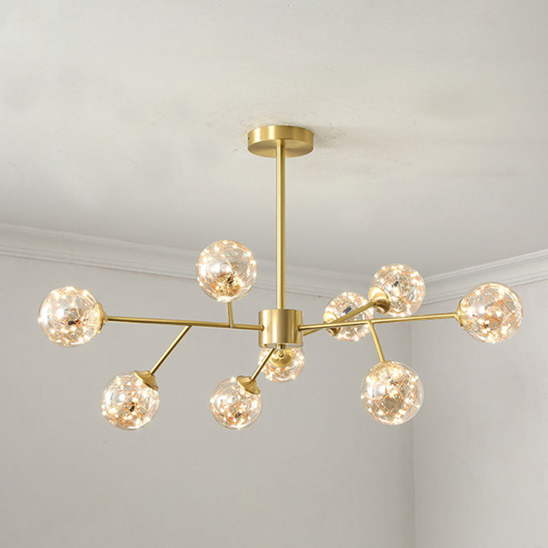 Minimalist Metal Led Chandelier Lamp With Bubble Shade In Gold - Starburst Pendulum Light For Living