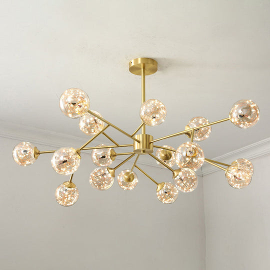 Minimalist Metal Led Chandelier Lamp With Bubble Shade In Gold - Starburst Pendulum Light For Living