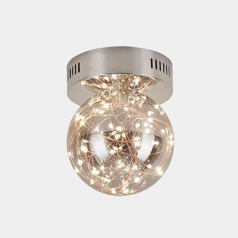 Modern Smoke Grey Glass Led Ceiling Light With Inner Glowing String - Orb Flush Mount