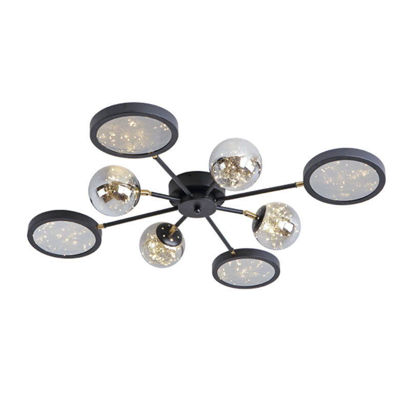 Modern Black Flush Mount with Amber Glass and Glowing String Inside