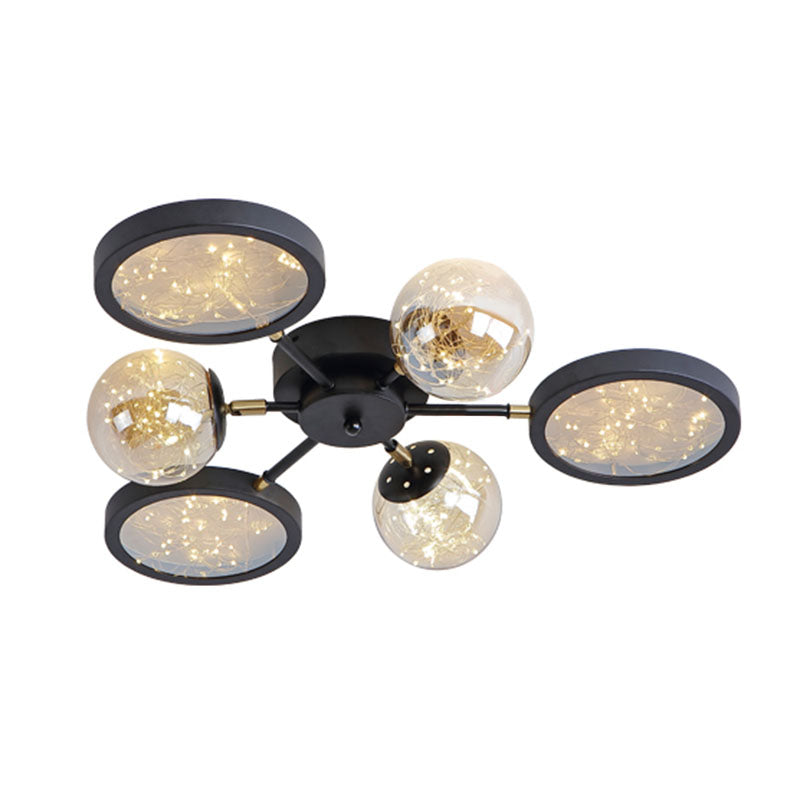 Modern Black Flush Mount with Amber Glass and Glowing String Inside