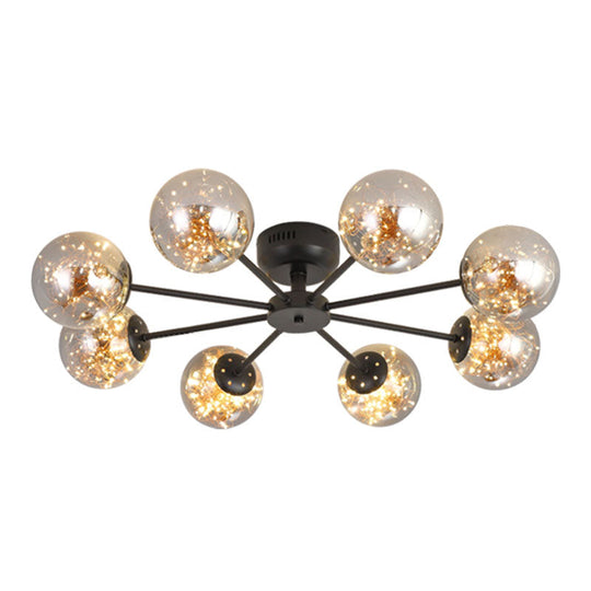 Black Globe LED Starry Semi Flush Mount Ceiling Light with Glass Shade