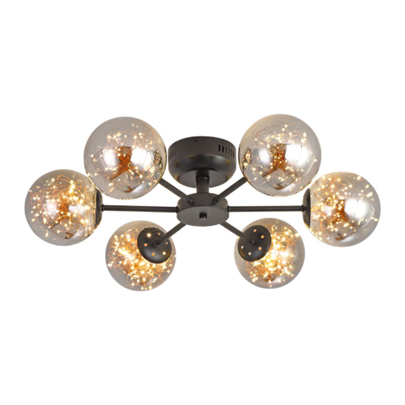 Black Globe LED Starry Semi Flush Mount Ceiling Light with Glass Shade