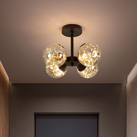 Modern Glass Semi Flush Mount Ceiling Light with Spherical LED Bulbs - 4-Light Bedroom Fixture