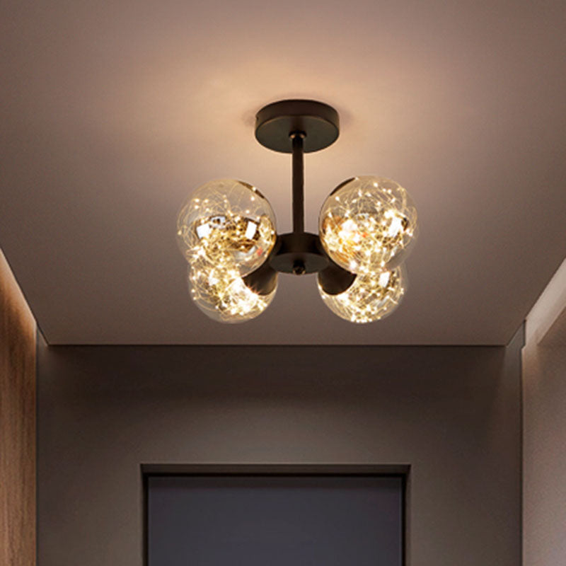 Modern Glass Semi Flush Mount Ceiling Light With Spherical Led Bulbs - 4-Light Bedroom Fixture