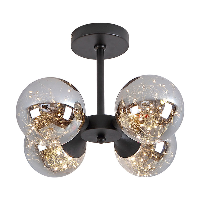 Modern Glass Semi Flush Mount Ceiling Light with Spherical LED Bulbs - 4-Light Bedroom Fixture