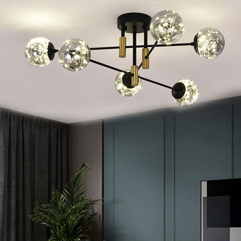 Starry Nordic Ball Semi Flush Light Fixture in Black, Smoke Glass - Ideal for Living Room Ceiling - Stylish Ceiling Lamp