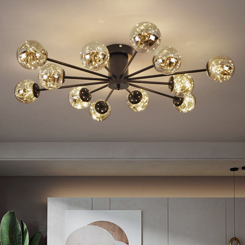 Contemporary Black Ceiling Light Fixture with Radial Smoke Grey Glass - Living Room Semi Flush Mount