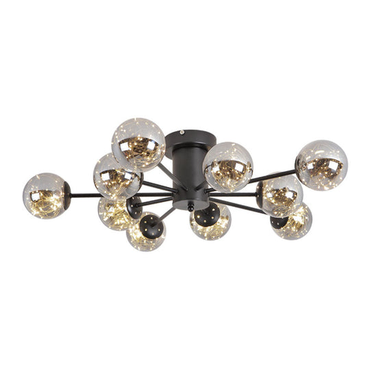 Contemporary Black Ceiling Light Fixture with Radial Smoke Grey Glass - Living Room Semi Flush Mount