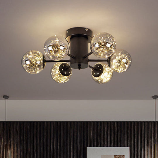 Contemporary Black Ceiling Light Fixture with Radial Smoke Grey Glass - Living Room Semi Flush Mount