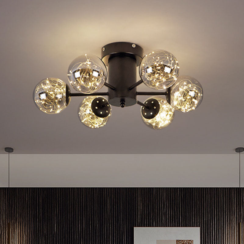 Contemporary Black Ceiling Light Fixture With Radial Smoke Grey Glass - Living Room Semi Flush Mount