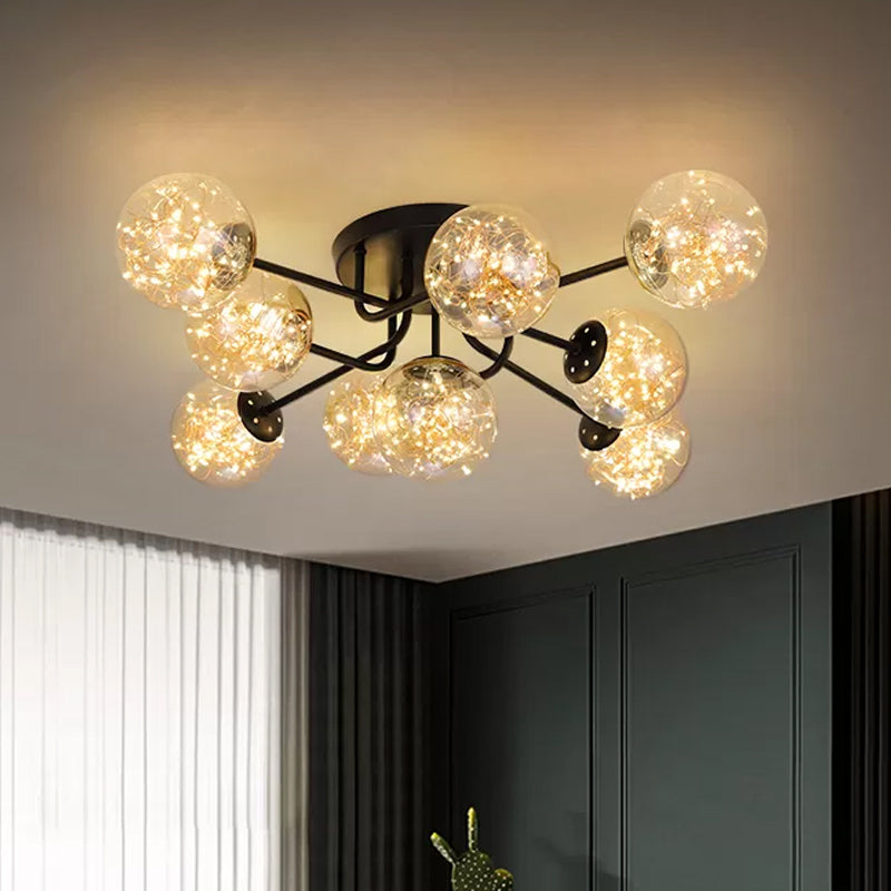 Starry LED Black Metal Ceiling Lamp with Global Glass Shade - Modern Sputnik Style