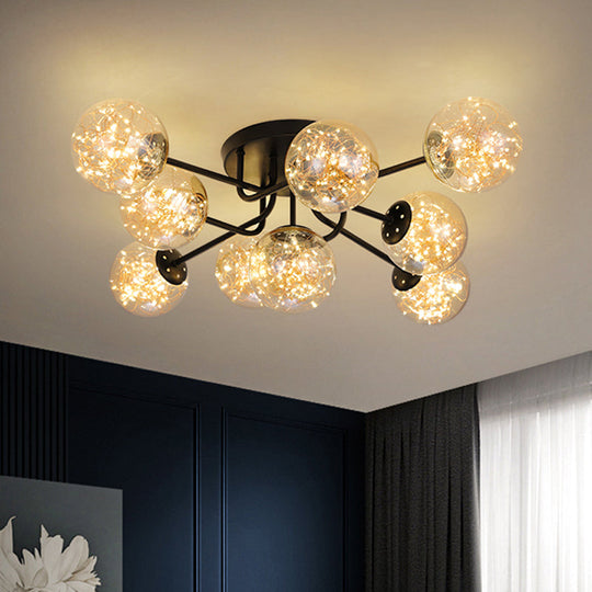 Starry LED Black Metal Ceiling Lamp with Global Glass Shade - Modern Sputnik Style