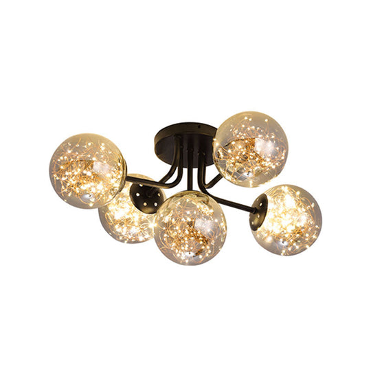 Starry LED Black Metal Ceiling Lamp with Global Glass Shade - Modern Sputnik Style