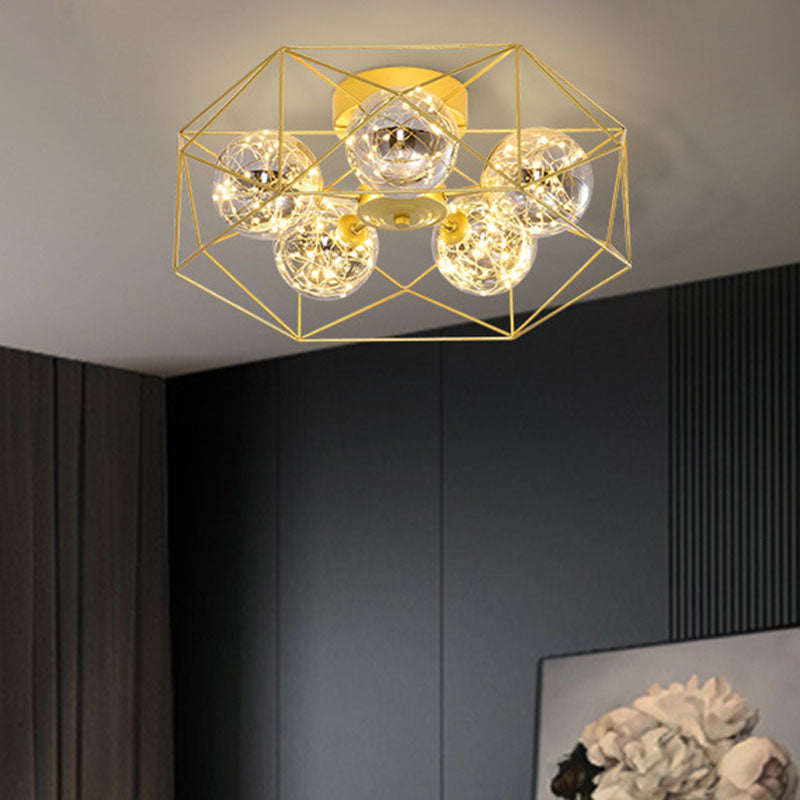 Smoke Grey Glass Orb Ceiling Light with Metal Hexagonal Cage - Simple 5-Head Gold Finish