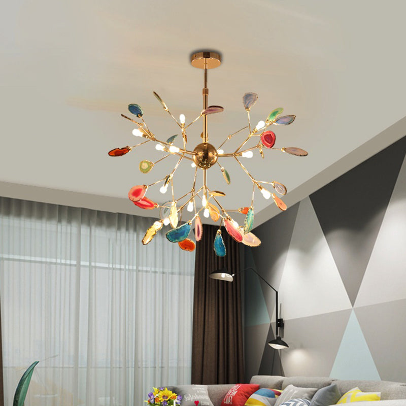 Contemporary LED Agate Suspension Pendant Light for Dining Room - Gold Leaf Chandelier Lighting