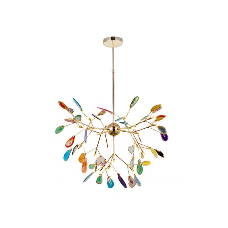 Contemporary LED Agate Suspension Pendant Light for Dining Room - Gold Leaf Chandelier Lighting