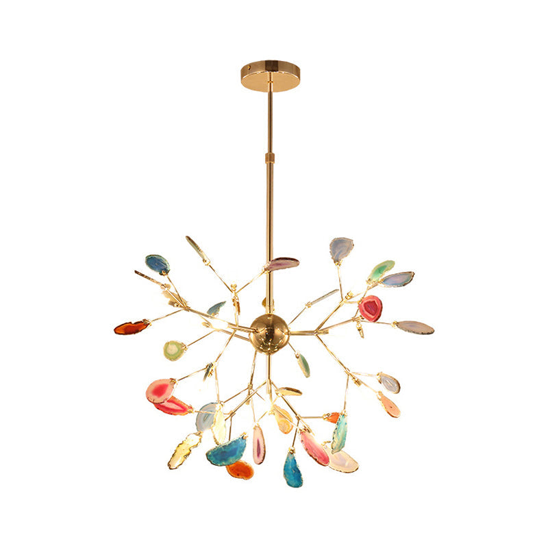 Contemporary LED Agate Suspension Pendant Light for Dining Room - Gold Leaf Chandelier Lighting