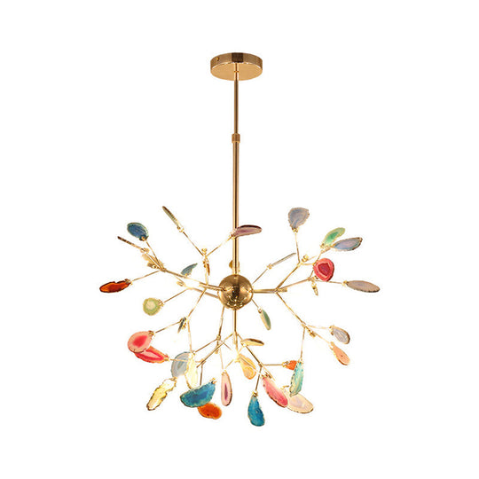 Contemporary LED Agate Suspension Pendant Light for Dining Room - Gold Leaf Chandelier Lighting