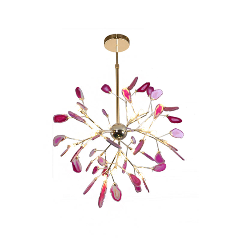 Contemporary LED Agate Suspension Pendant Light for Dining Room - Gold Leaf Chandelier Lighting