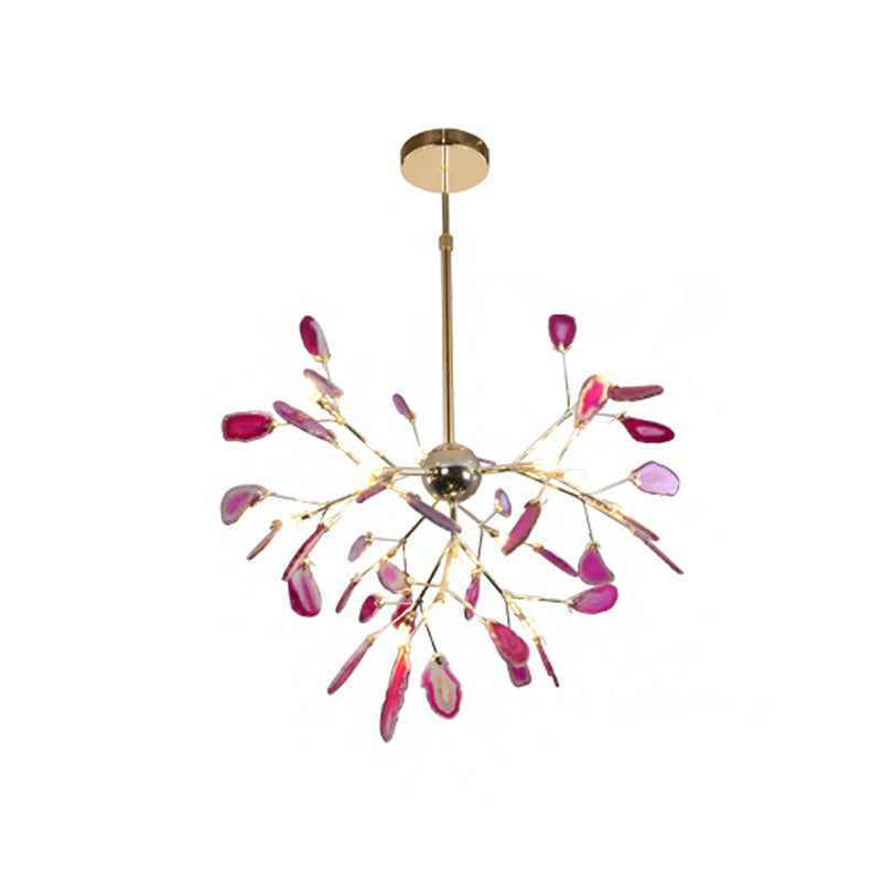 Contemporary LED Agate Suspension Pendant Light for Dining Room - Gold Leaf Chandelier Lighting