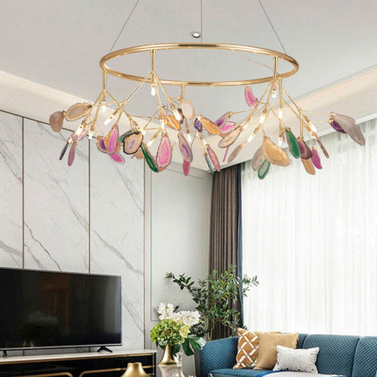 Modern Led Leaf Agate Pendant Chandelier In Gold - Perfect For Living Rooms