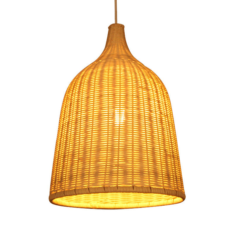 Rustic Bamboo Bucket Pendant Light Fixture - Handcrafted Single Bulb Hanging Lamp In Beige