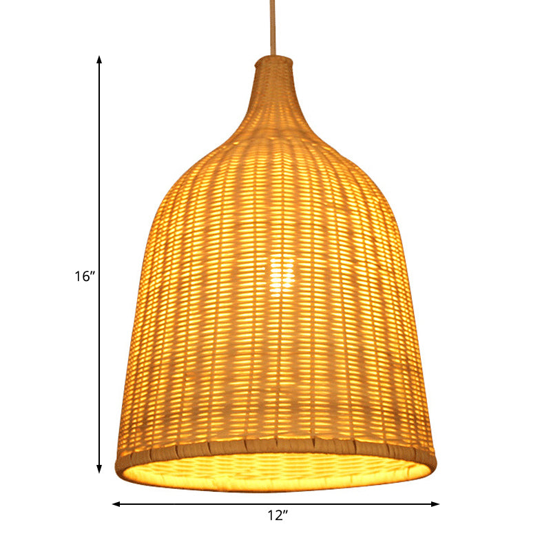 Rustic Bamboo Bucket Pendant Light Fixture - Handcrafted Single Bulb Hanging Lamp In Beige